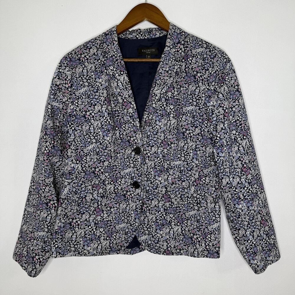 Talbots Floral Print Cotton Blazer Jacket in Navy, White & Purple